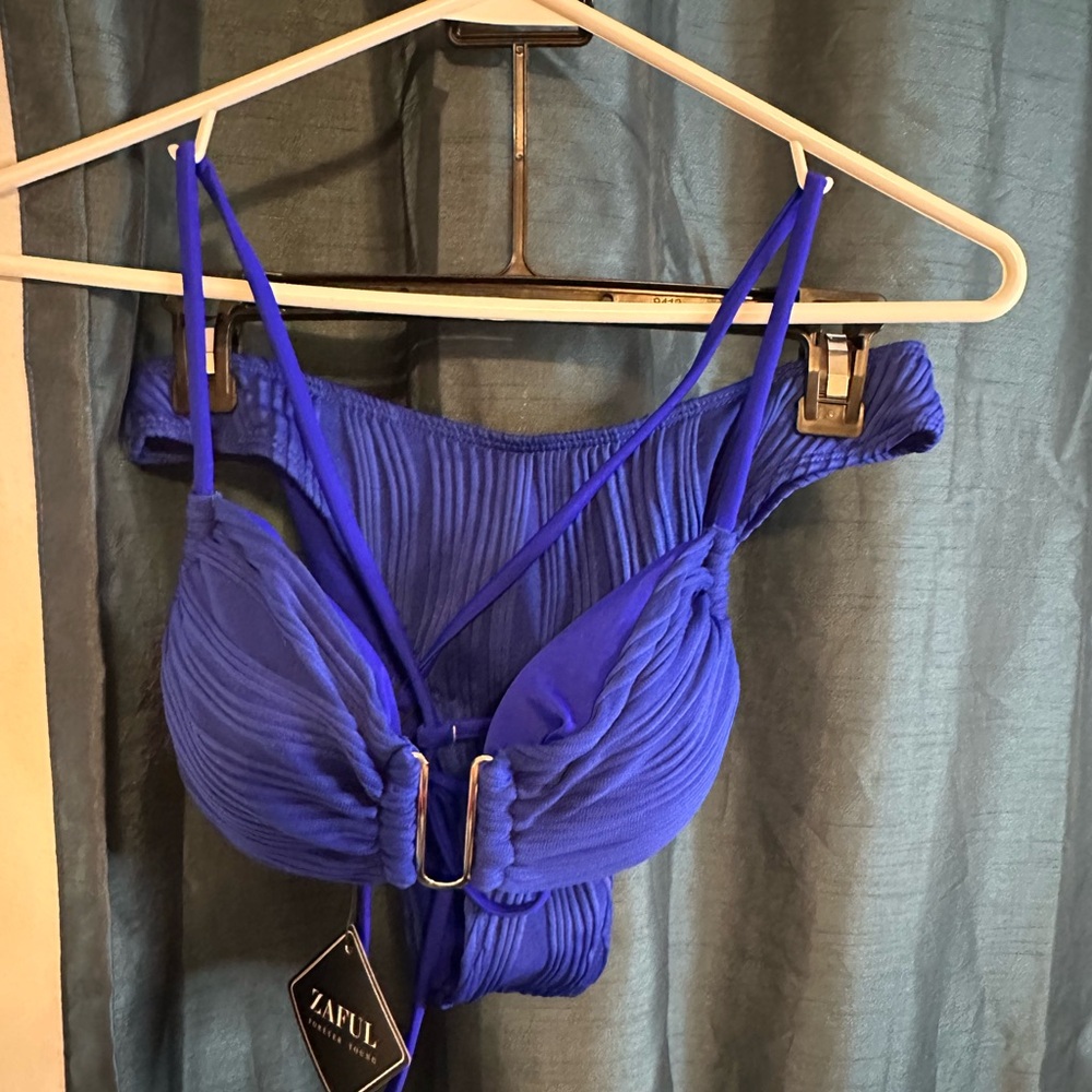 Zaful Royal Blue Ruched Crop Bikini Top with Cheeky Bikini Bottom size M
